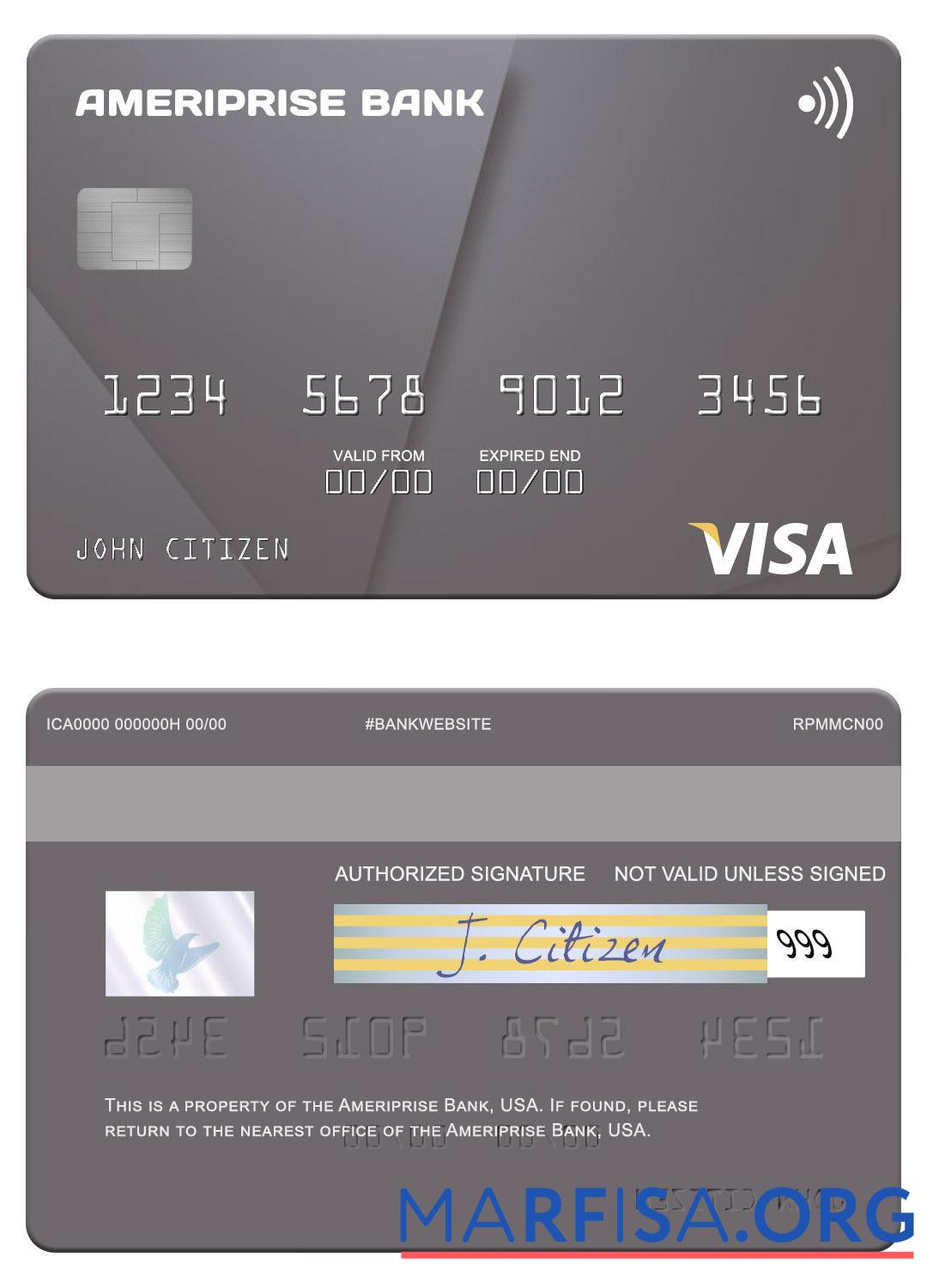 Blank USA Ameriprise Bank visa card real example